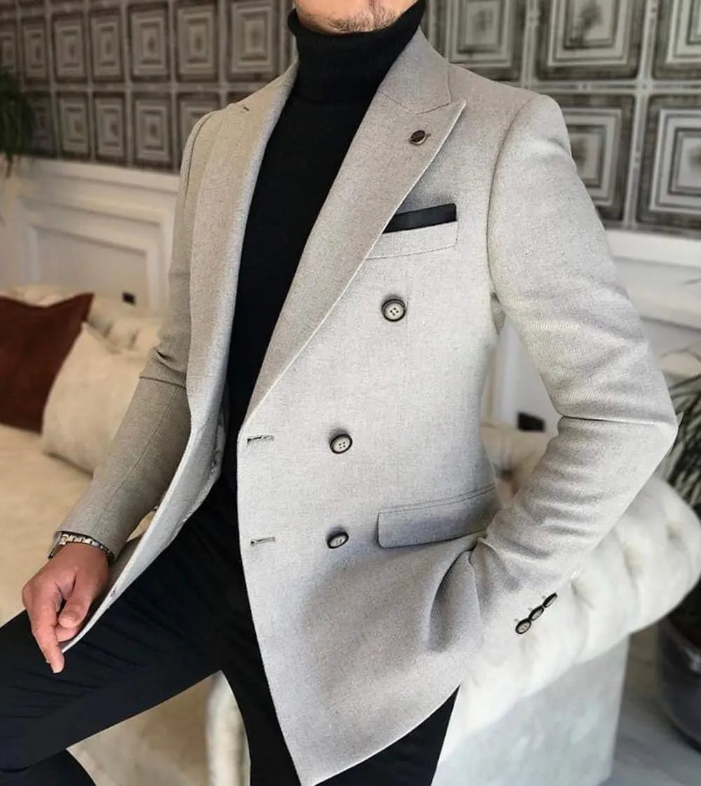 Men's Double-Breasted Men Suit Tweed Slim Fit Wool Jacket Smart Wedding Blazer