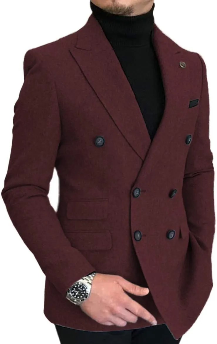 Men's Double-Breasted Men Suit Tweed Slim Fit Wool Jacket Smart Wedding Blazer