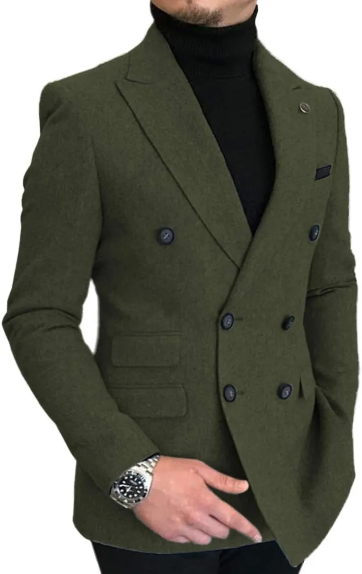 Men's Double-Breasted Men Suit Tweed Slim Fit Wool Jacket Smart Wedding Blazer