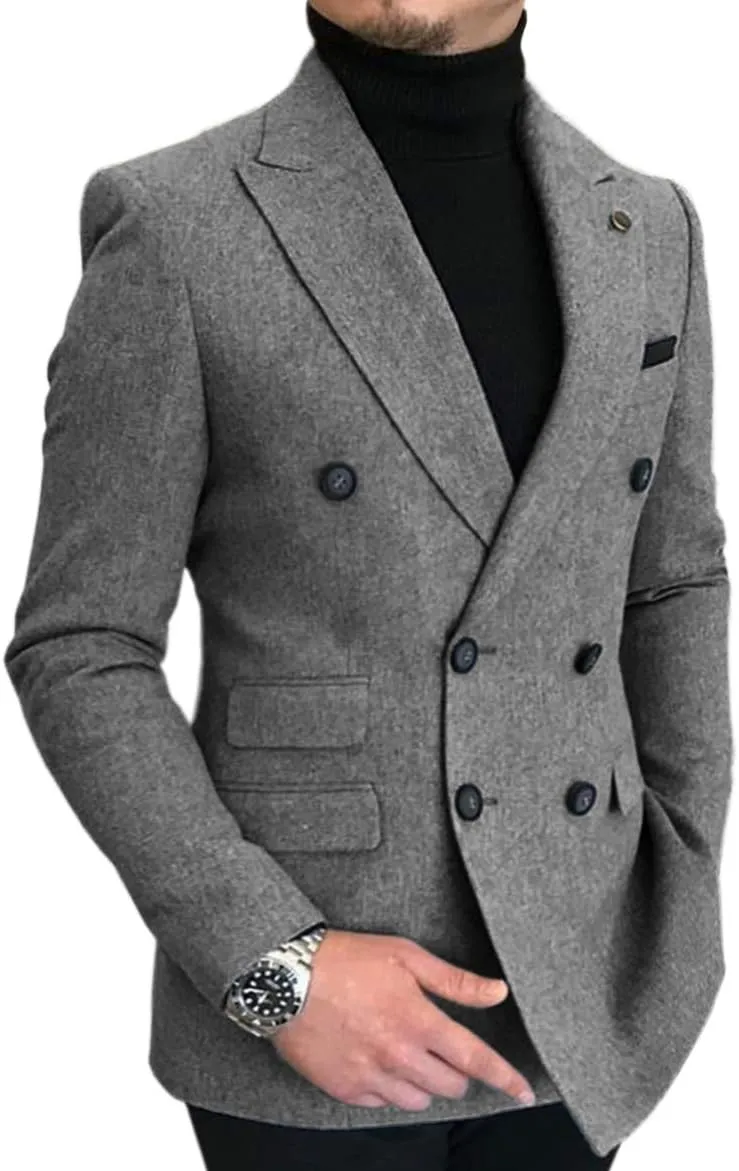 Men's Double-Breasted Men Suit Tweed Slim Fit Wool Jacket Smart Wedding Blazer