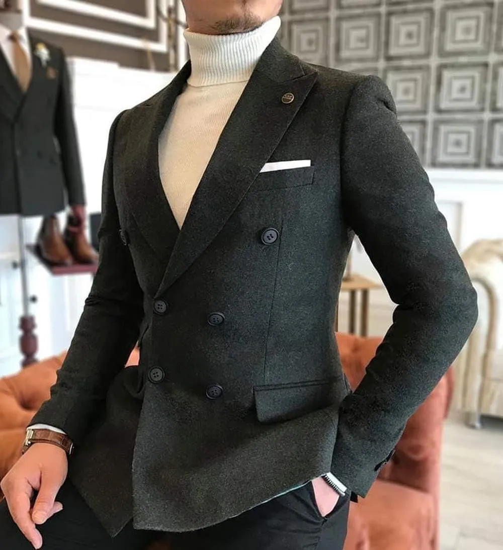 Men's Double-Breasted Men Suit Tweed Slim Fit Wool Jacket Smart Wedding Blazer