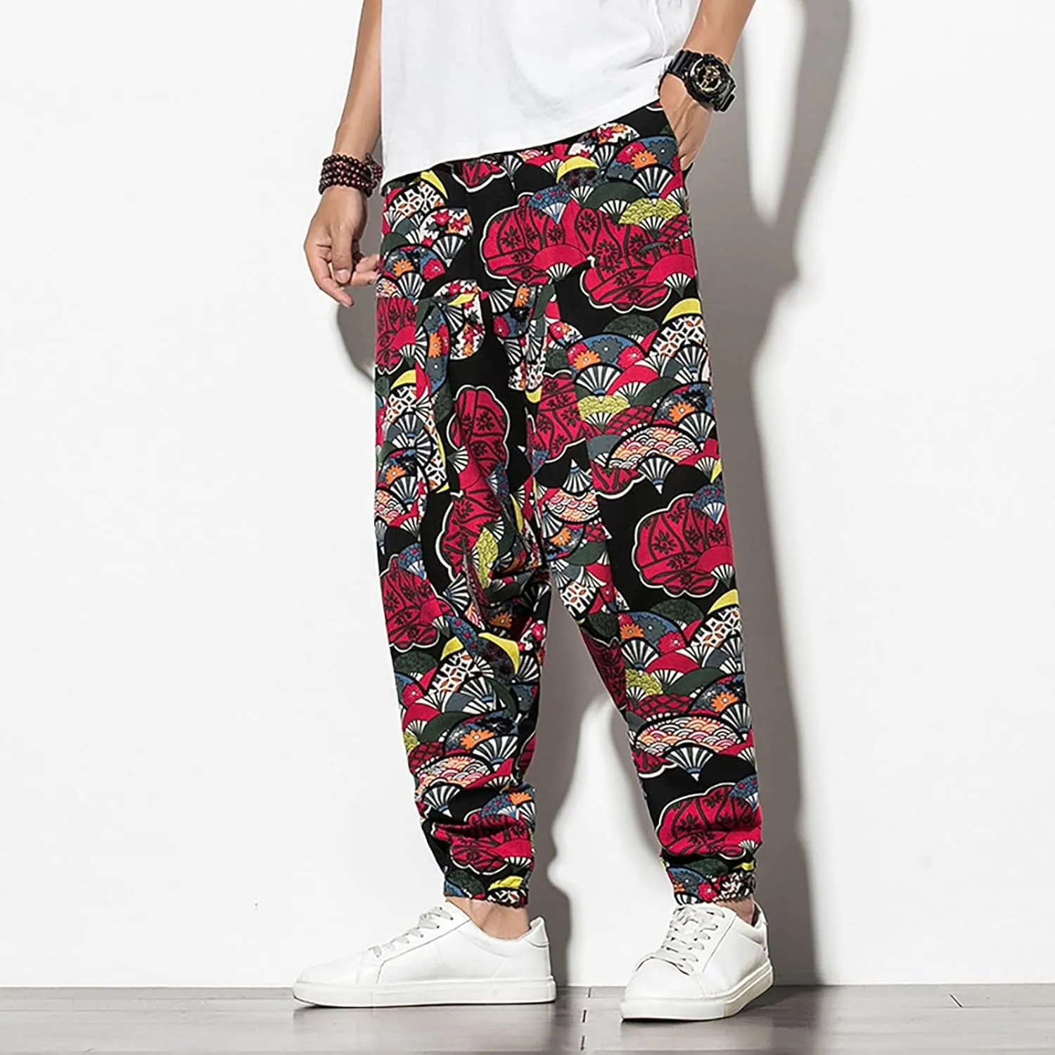 Men's Hippie Harem Pants Baggy Cotton Linen Summer Boho Yoga Pants Elastic Waist Drawstring Drop Crotch Trousers with Pocket
