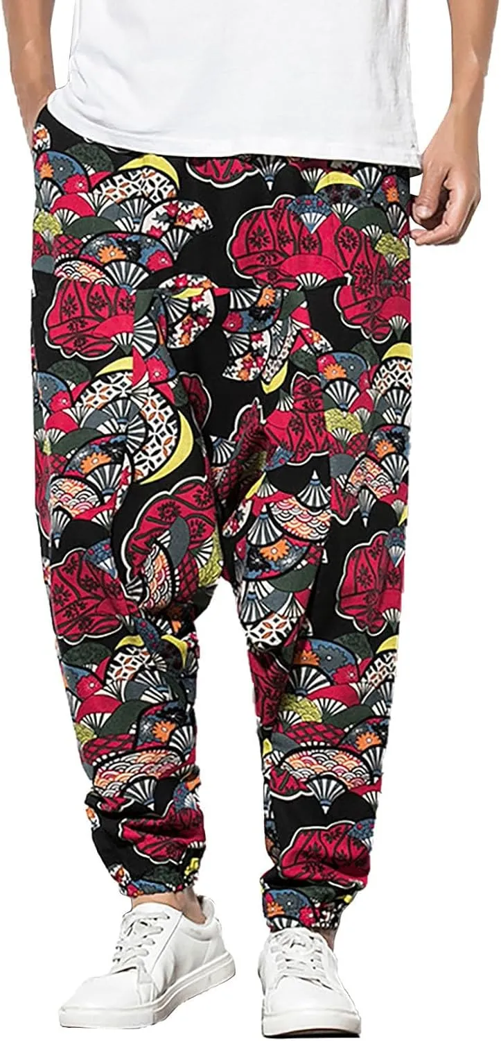 Men's Hippie Harem Pants Baggy Cotton Linen Summer Boho Yoga Pants Elastic Waist Drawstring Drop Crotch Trousers with Pocket