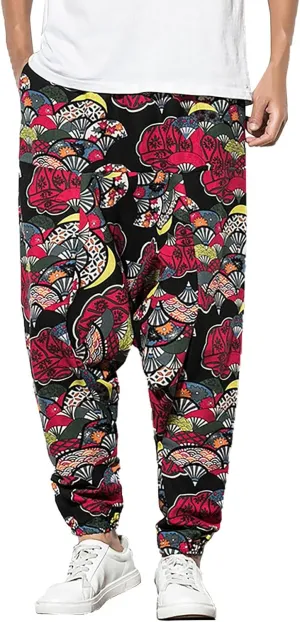 Men's Hippie Harem Pants Baggy Cotton Linen Summer Boho Yoga Pants Elastic Waist Drawstring Drop Crotch Trousers with Pocket