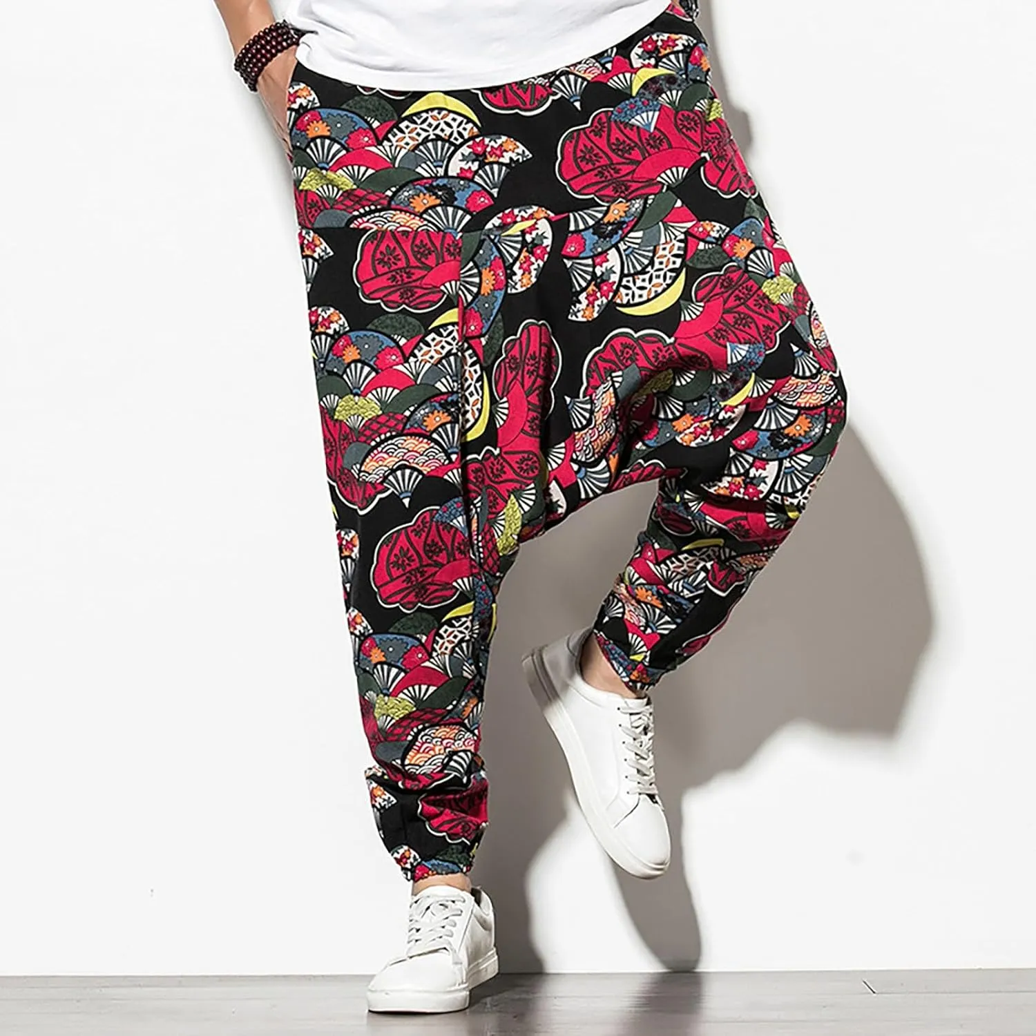 Men's Hippie Harem Pants Baggy Cotton Linen Summer Boho Yoga Pants Elastic Waist Drawstring Drop Crotch Trousers with Pocket