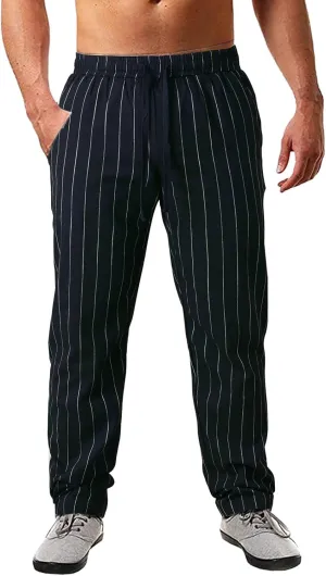 Men's Linen Elastic Waist Pants Lightweight Casual Pant Slim Fit Yoga Beach Pants with Pockets
