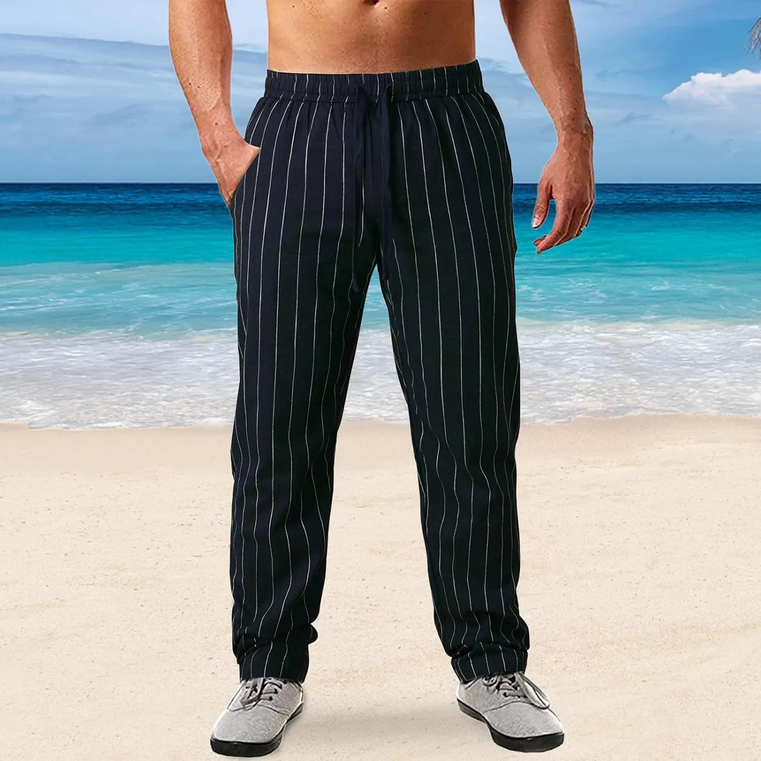 Men's Linen Elastic Waist Pants Lightweight Casual Pant Slim Fit Yoga Beach Pants with Pockets
