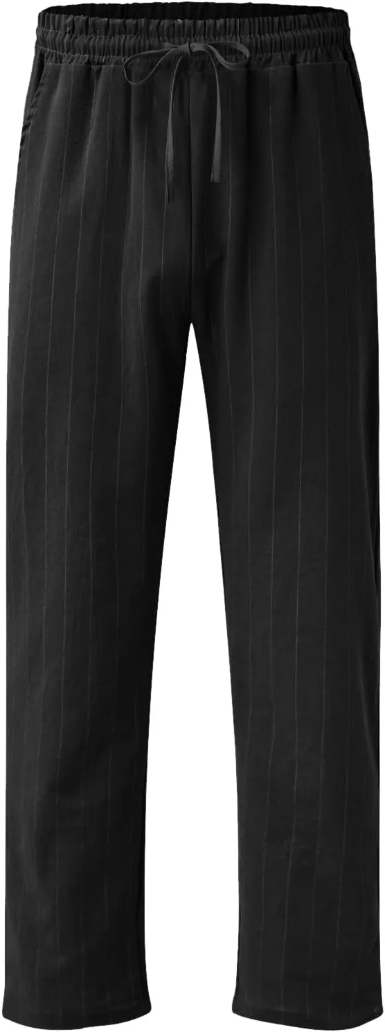 Men's Linen Elastic Waist Pants Lightweight Casual Pant Slim Fit Yoga Beach Pants with Pockets