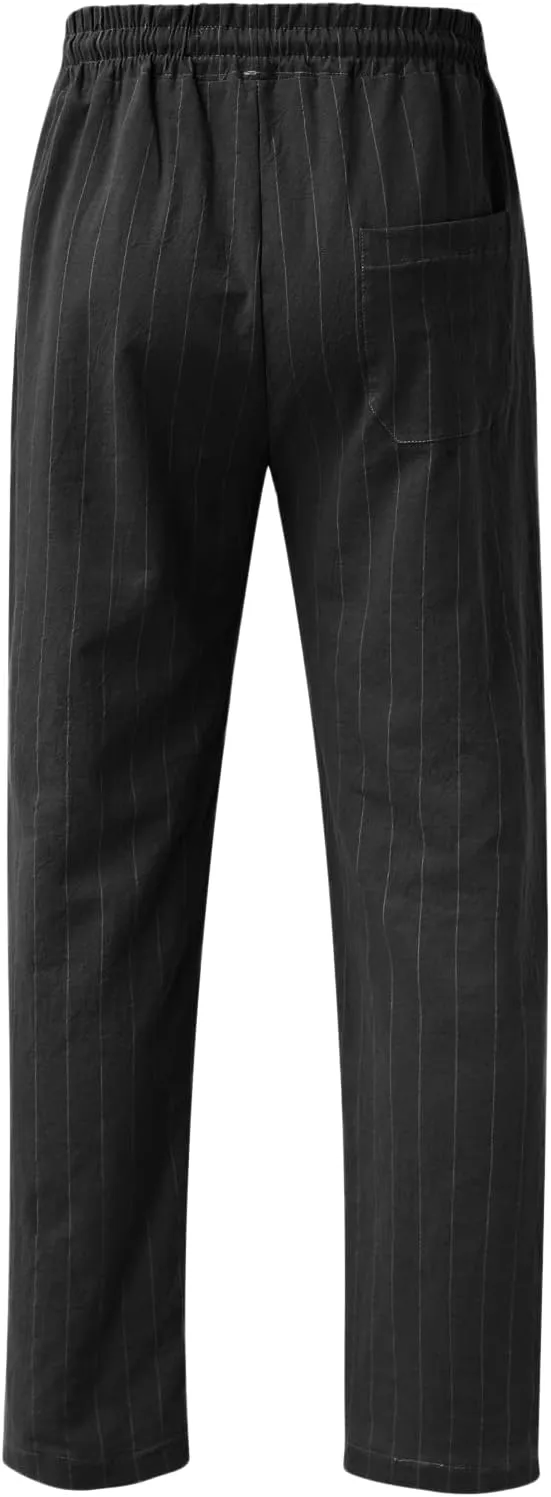 Men's Linen Elastic Waist Pants Lightweight Casual Pant Slim Fit Yoga Beach Pants with Pockets