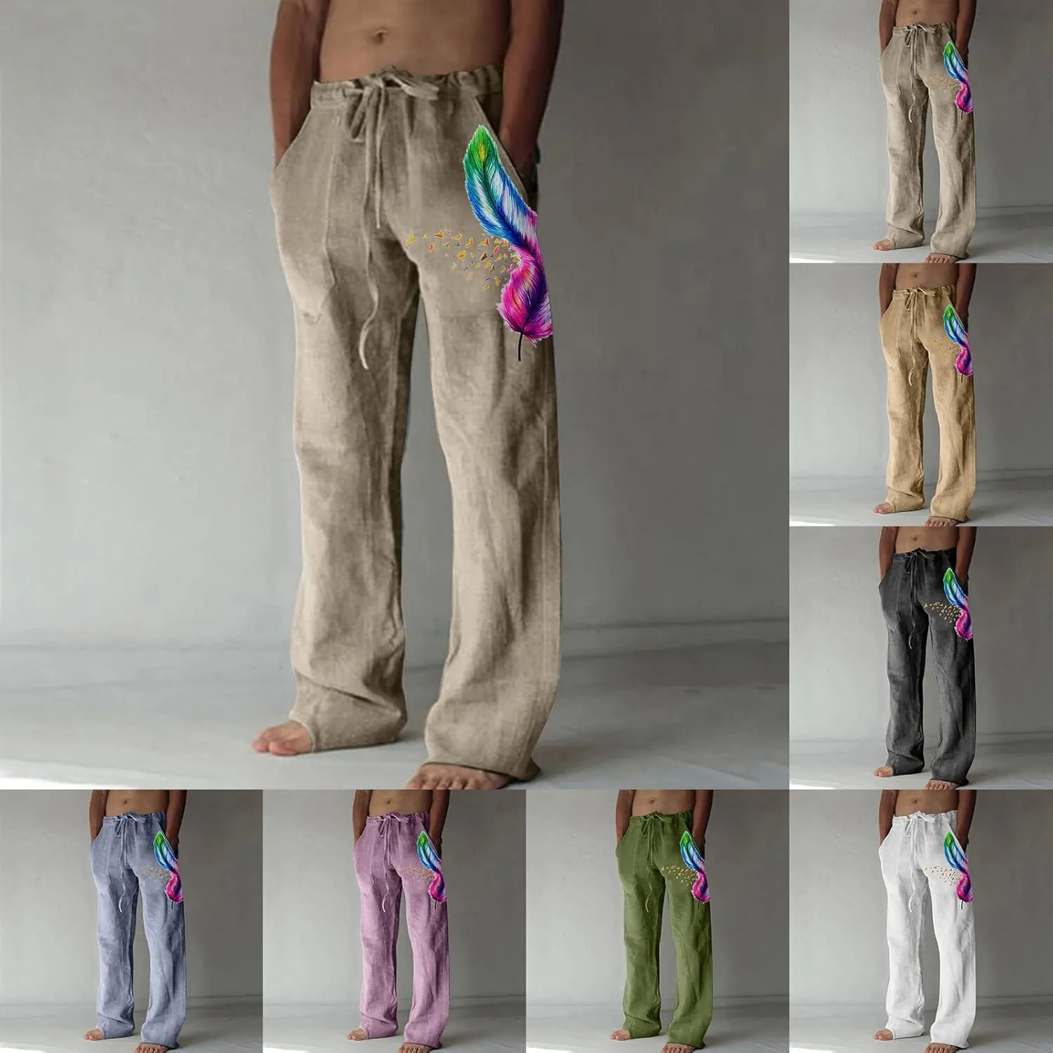 Mens Linen Printed Pants Elastic Waist Drawstring Lightweight Trouser Casual Yoga Summer Beach Pant with Pockets