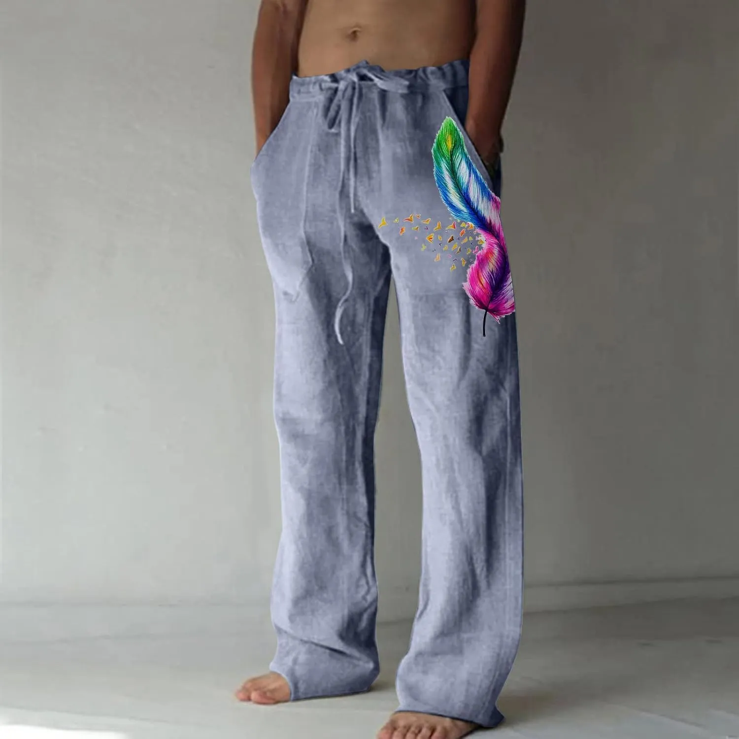 Mens Linen Printed Pants Elastic Waist Drawstring Lightweight Trouser Casual Yoga Summer Beach Pant with Pockets
