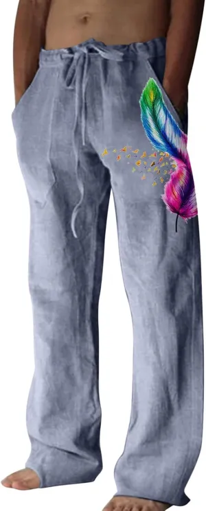 Mens Linen Printed Pants Elastic Waist Drawstring Lightweight Trouser Casual Yoga Summer Beach Pant with Pockets