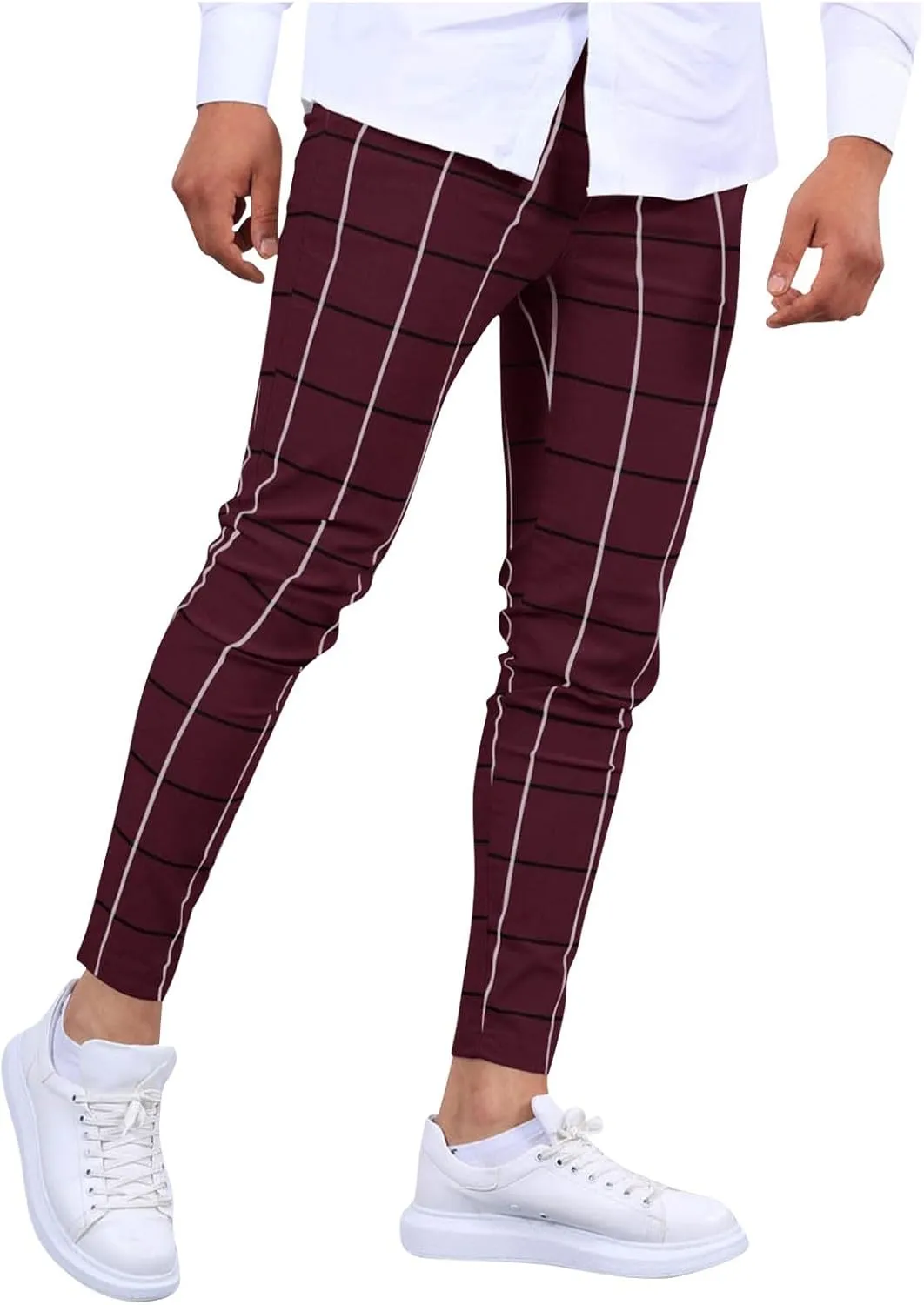 Mens Plaid Dress Pants Fashion Stretch Chino Pants Men Slim Fit Skinny Long Pants Casual Business Golf Pants