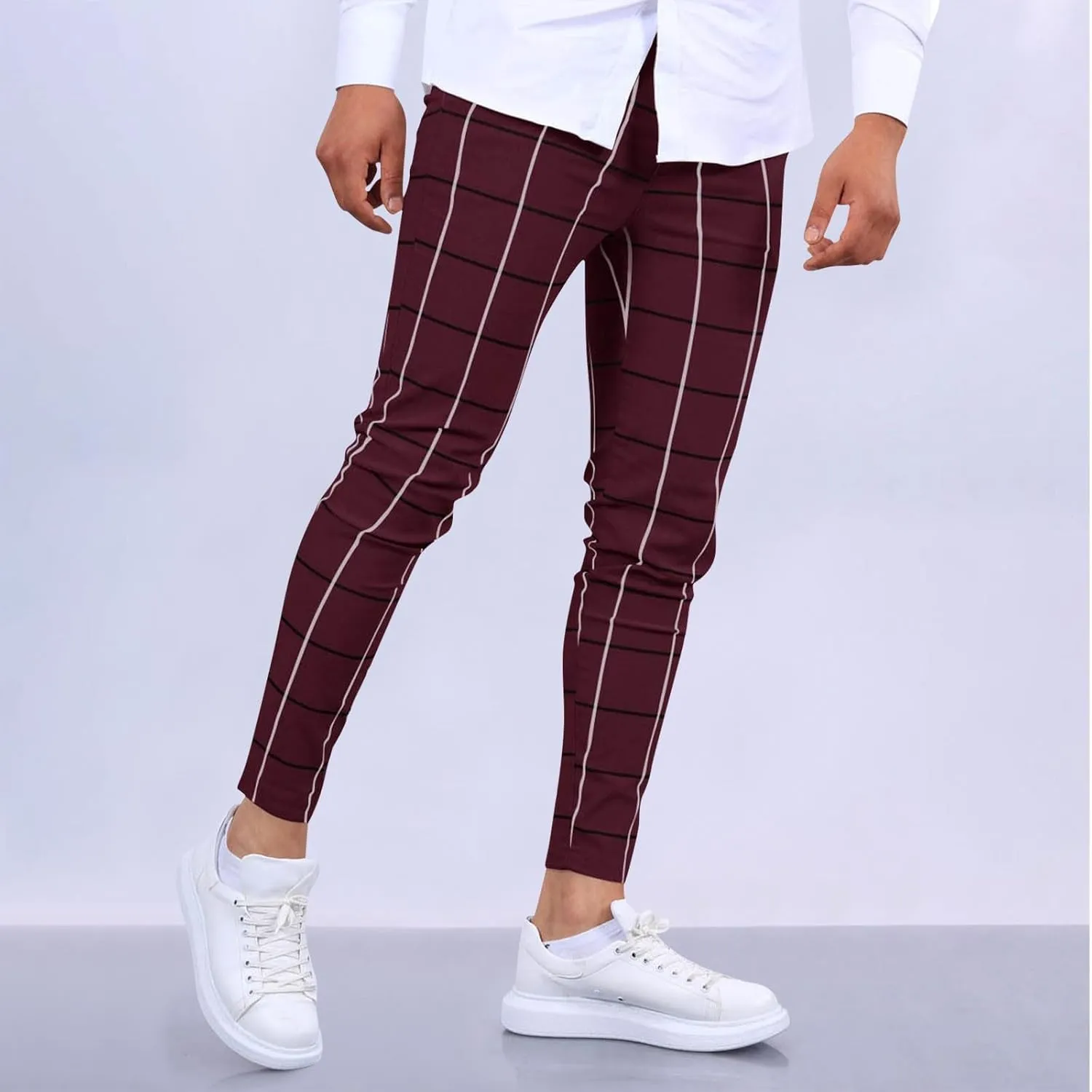 Mens Plaid Dress Pants Fashion Stretch Chino Pants Men Slim Fit Skinny Long Pants Casual Business Golf Pants