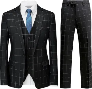 Mens Plaid Suit Slim Fit 3 Pieces Casual Checked Vintage Tuxedo Suit for Men for Wedding Business Party Blazer Pants & Vest