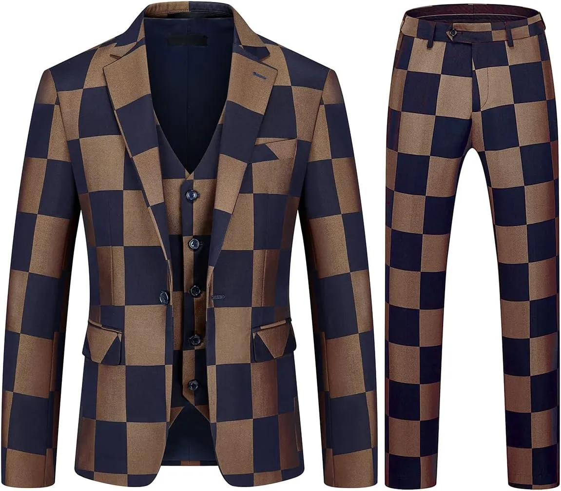 Mens Plaid Suit Slim Fit 3 Pieces Casual Checked Vintage Tuxedo Suit for Men for Wedding Business Party Blazer Pants & Vest