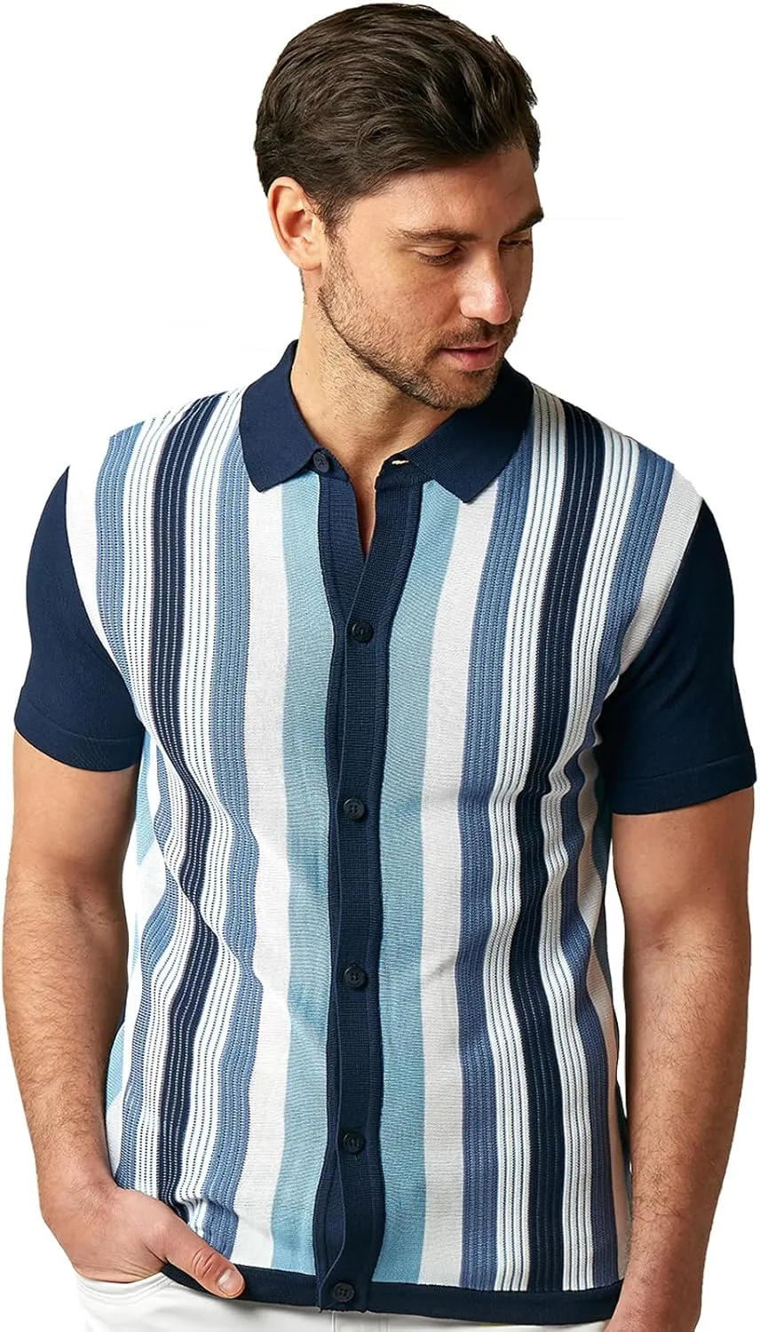 Mens Short Sleeve Knit Sports Shirt - Modern Polo Vintage Classics: Multi Stripes