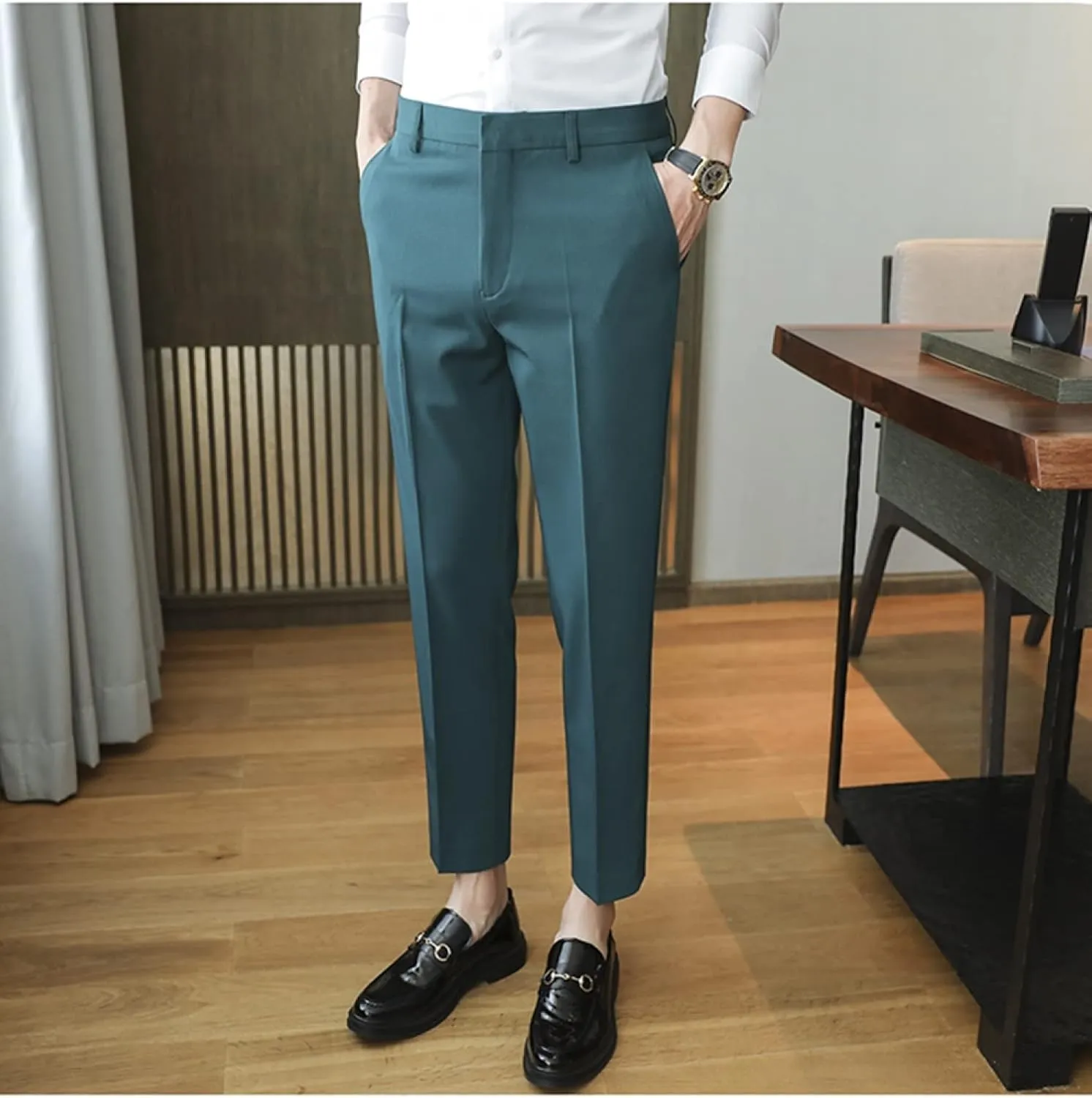 Men's Solid Color Slim Fit Flat Front Dress Pants, Formal Trousers Business Suit Pants Tapered Chino Pants