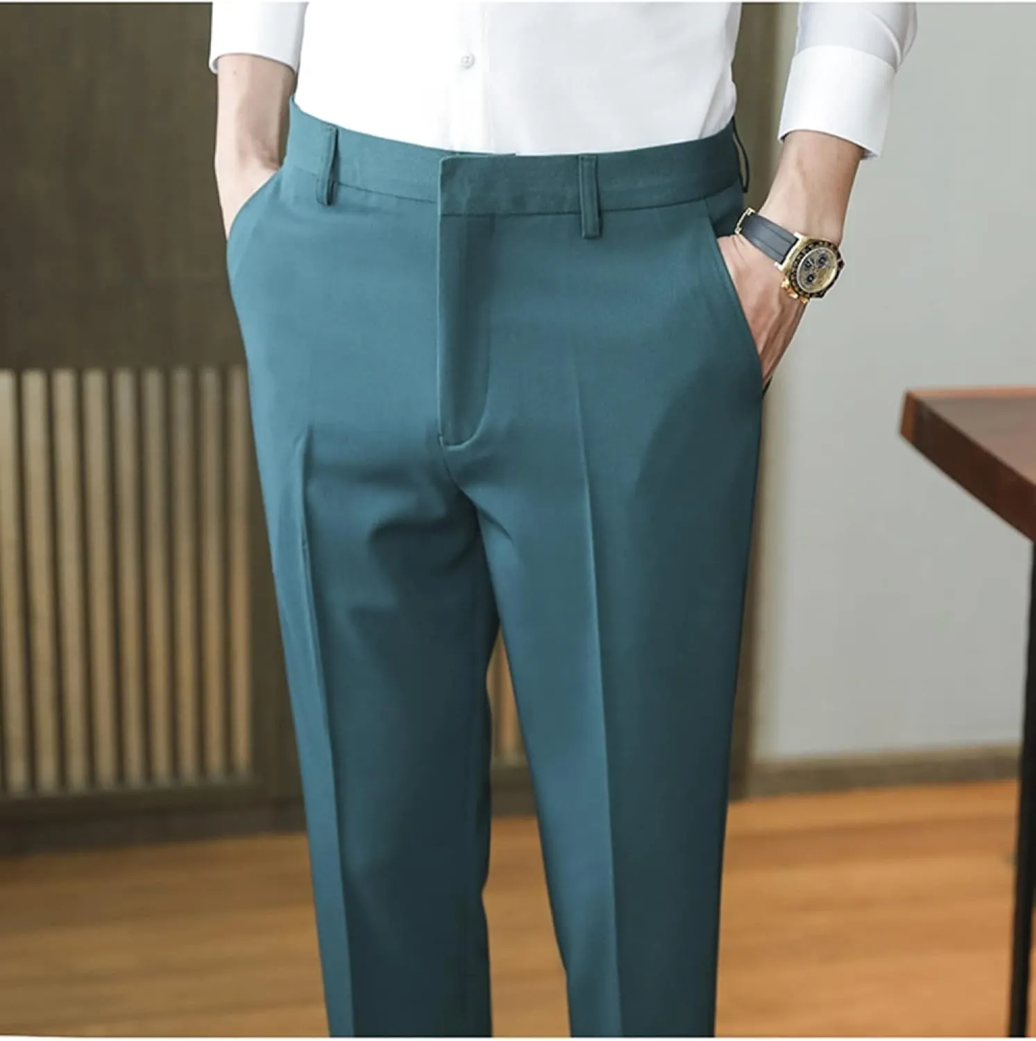 Men's Solid Color Slim Fit Flat Front Dress Pants, Formal Trousers Business Suit Pants Tapered Chino Pants