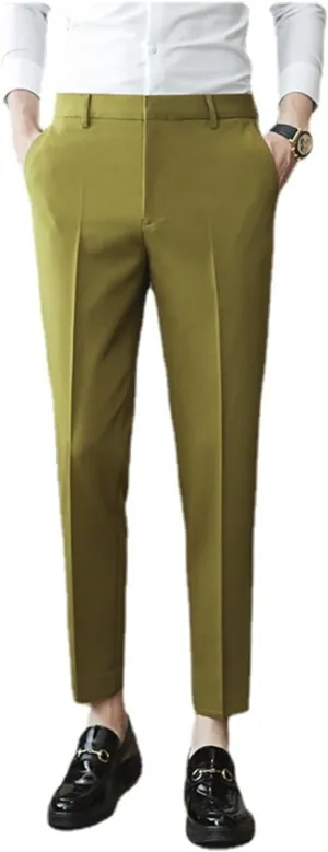 Men's Solid Color Slim Fit Flat Front Dress Pants, Formal Trousers Business Suit Pants Tapered Chino Pants