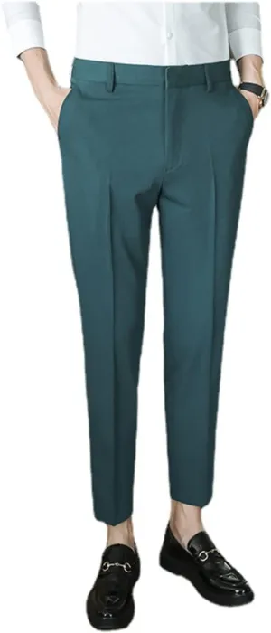 Men's Solid Color Slim Fit Flat Front Dress Pants, Formal Trousers Business Suit Pants Tapered Chino Pants