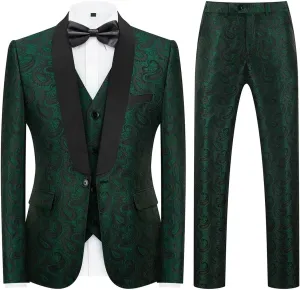 Mens Suits 3 Piece Slim Fit Tuxedo for Men Paisley Suit Prom Tux Shawl Lapel One Button Blazer Vest Pants Set