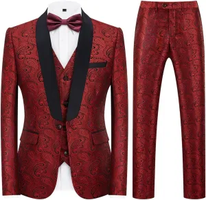Mens Suits 3 Piece Slim Fit Tuxedo for Men Paisley Suit Prom Tux Shawl Lapel One Button Blazer Vest Pants Set