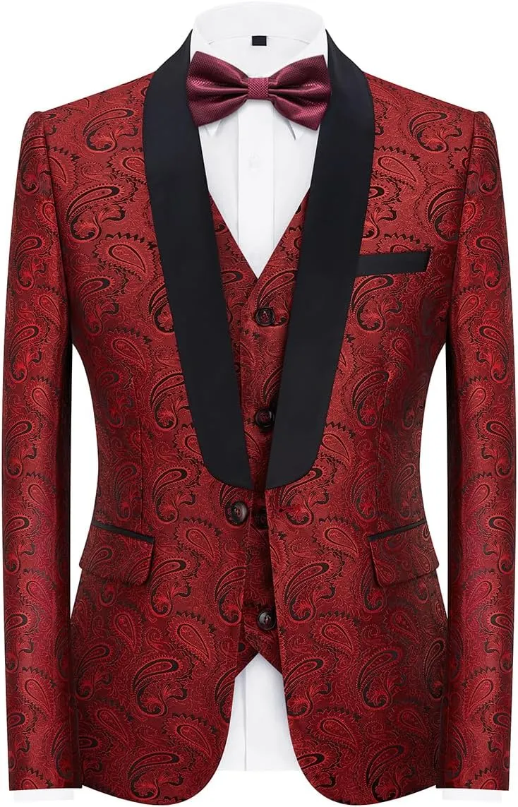 Mens Suits 3 Piece Slim Fit Tuxedo for Men Paisley Suit Prom Tux Shawl Lapel One Button Blazer Vest Pants Set