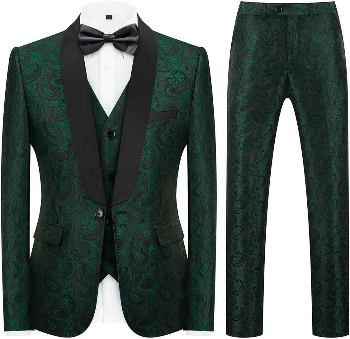 Mens Suits 3 Piece Slim Fit Tuxedo for Men Paisley Suit Prom Tux Shawl Lapel One Button Blazer Vest Pants Set