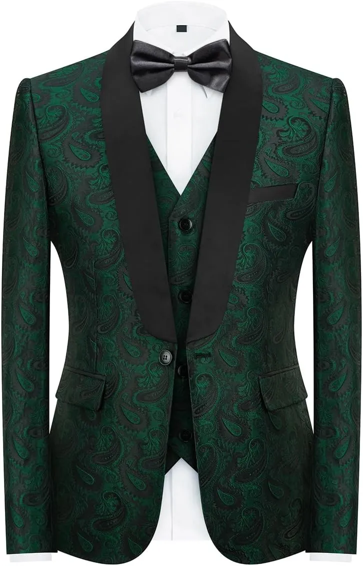 Mens Suits 3 Piece Slim Fit Tuxedo for Men Paisley Suit Prom Tux Shawl Lapel One Button Blazer Vest Pants Set
