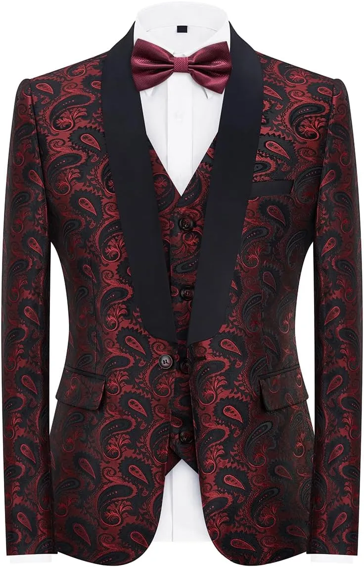 Mens Suits 3 Piece Slim Fit Tuxedo for Men Paisley Suit Prom Tux Shawl Lapel One Button Blazer Vest Pants Set