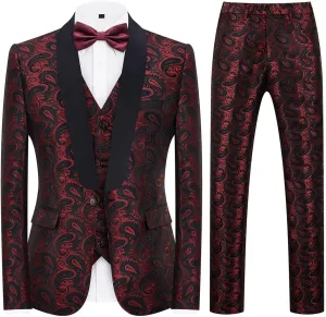 Mens Suits 3 Piece Slim Fit Tuxedo for Men Paisley Suit Prom Tux Shawl Lapel One Button Blazer Vest Pants Set