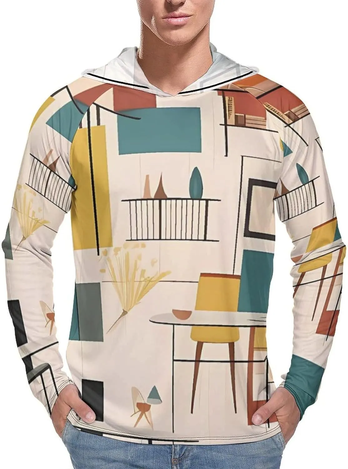 Men's UPF 50  Sun Protection Hoodie Outdoor UV Shirts Mid Century Modern Long Sleeve Quick Dry Fishing Hiking Shirt
