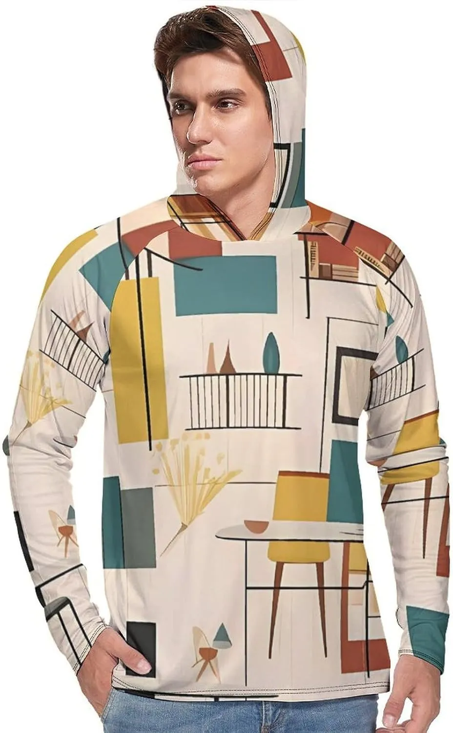 Men's UPF 50  Sun Protection Hoodie Outdoor UV Shirts Mid Century Modern Long Sleeve Quick Dry Fishing Hiking Shirt