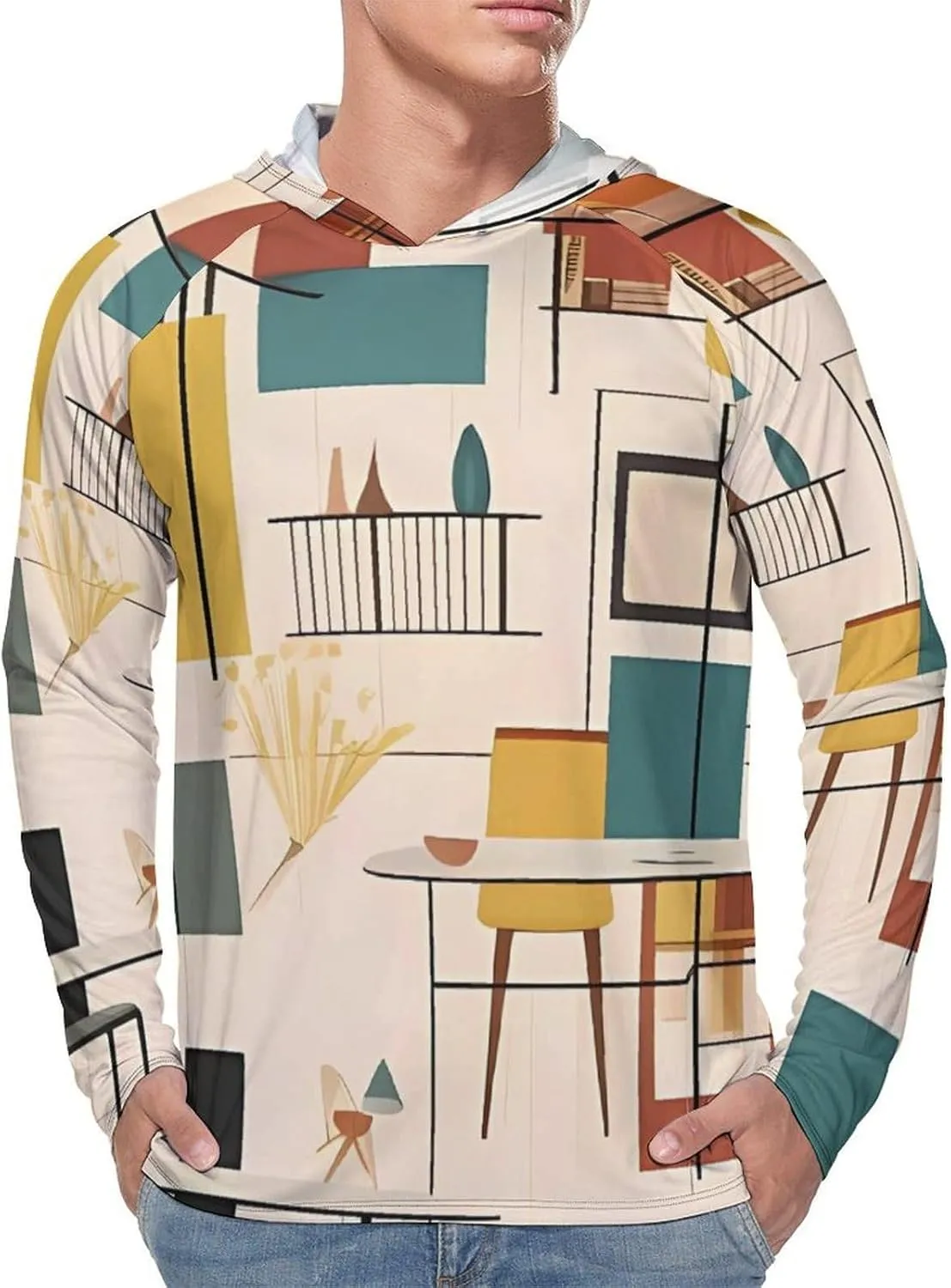 Men's UPF 50  Sun Protection Hoodie Outdoor UV Shirts Mid Century Modern Long Sleeve Quick Dry Fishing Hiking Shirt