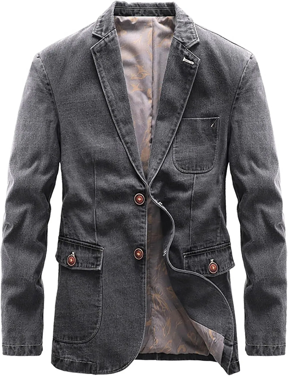 Men's Vintage Casual Work Wear Faux Denim Suit Blazer Jacket Two Button Lapel Open Front Daily Business Sport Coat