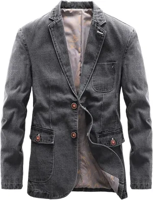 Men's Vintage Casual Work Wear Faux Denim Suit Blazer Jacket Two Button Lapel Open Front Daily Business Sport Coat