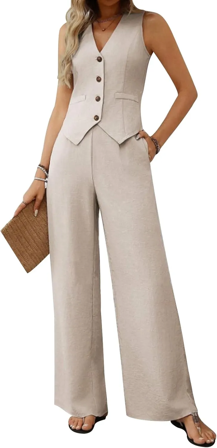 MINTLIMIT Women's 2 Piece Outfits Summer Sleeveless V Neck Vest Wide Leg Pant Suit Work Vest Suits Casual Matching Set