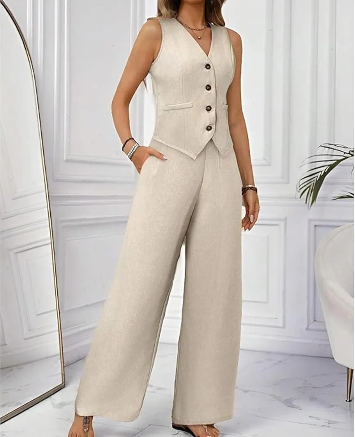 MINTLIMIT Women's 2 Piece Outfits Summer Sleeveless V Neck Vest Wide Leg Pant Suit Work Vest Suits Casual Matching Set