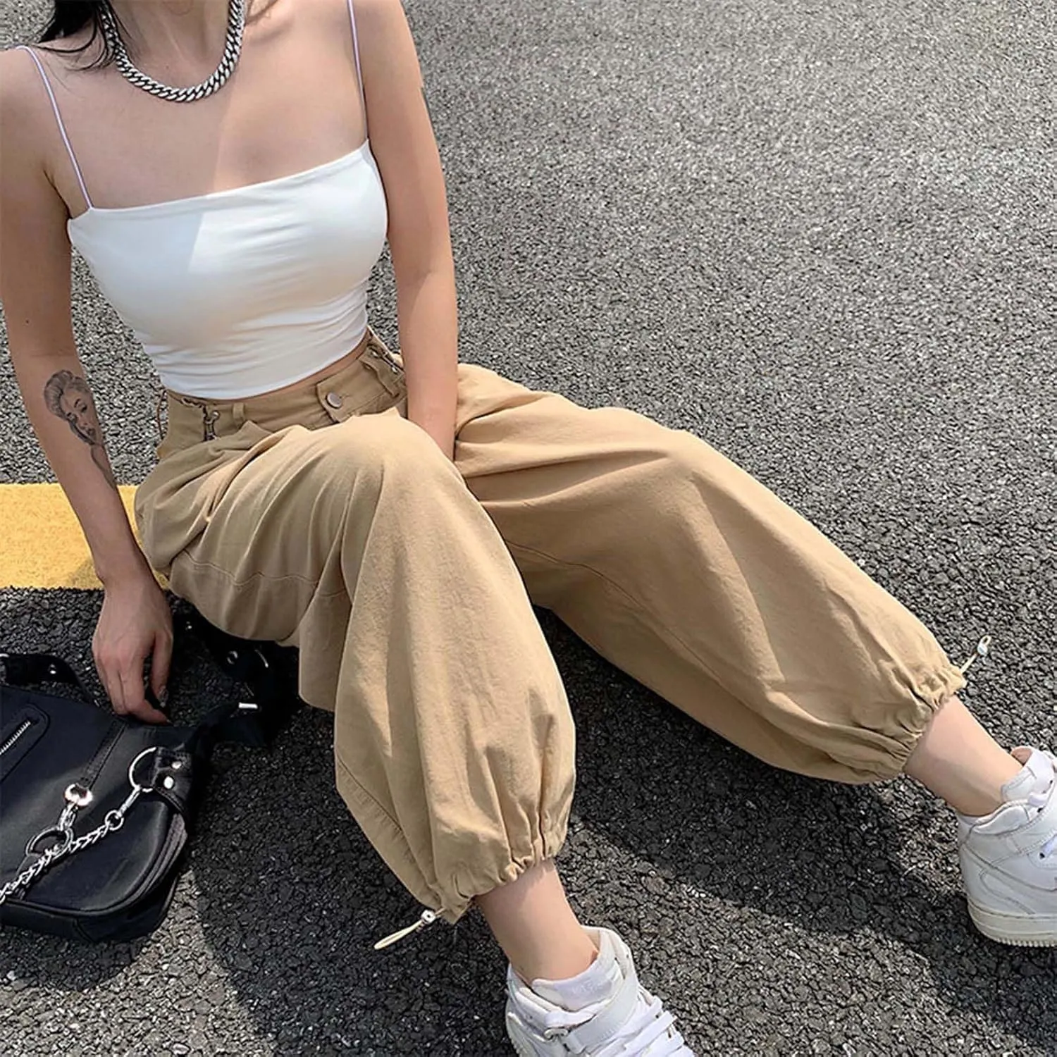 MLAFE Harajuku High-Waisted Women's Drawstring Pants Y2k Straight Work Harem Pants Hip-Hop Loose Outdoor Sports Ladies Pants