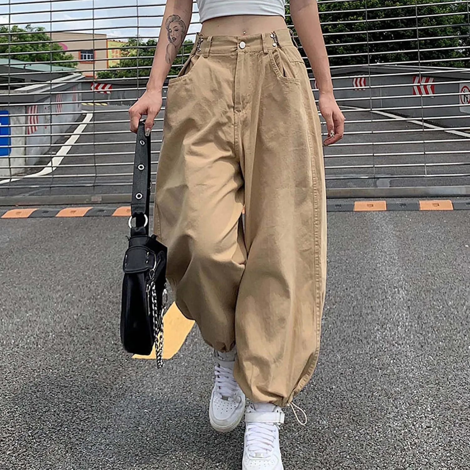 MLAFE Harajuku High-Waisted Women's Drawstring Pants Y2k Straight Work Harem Pants Hip-Hop Loose Outdoor Sports Ladies Pants