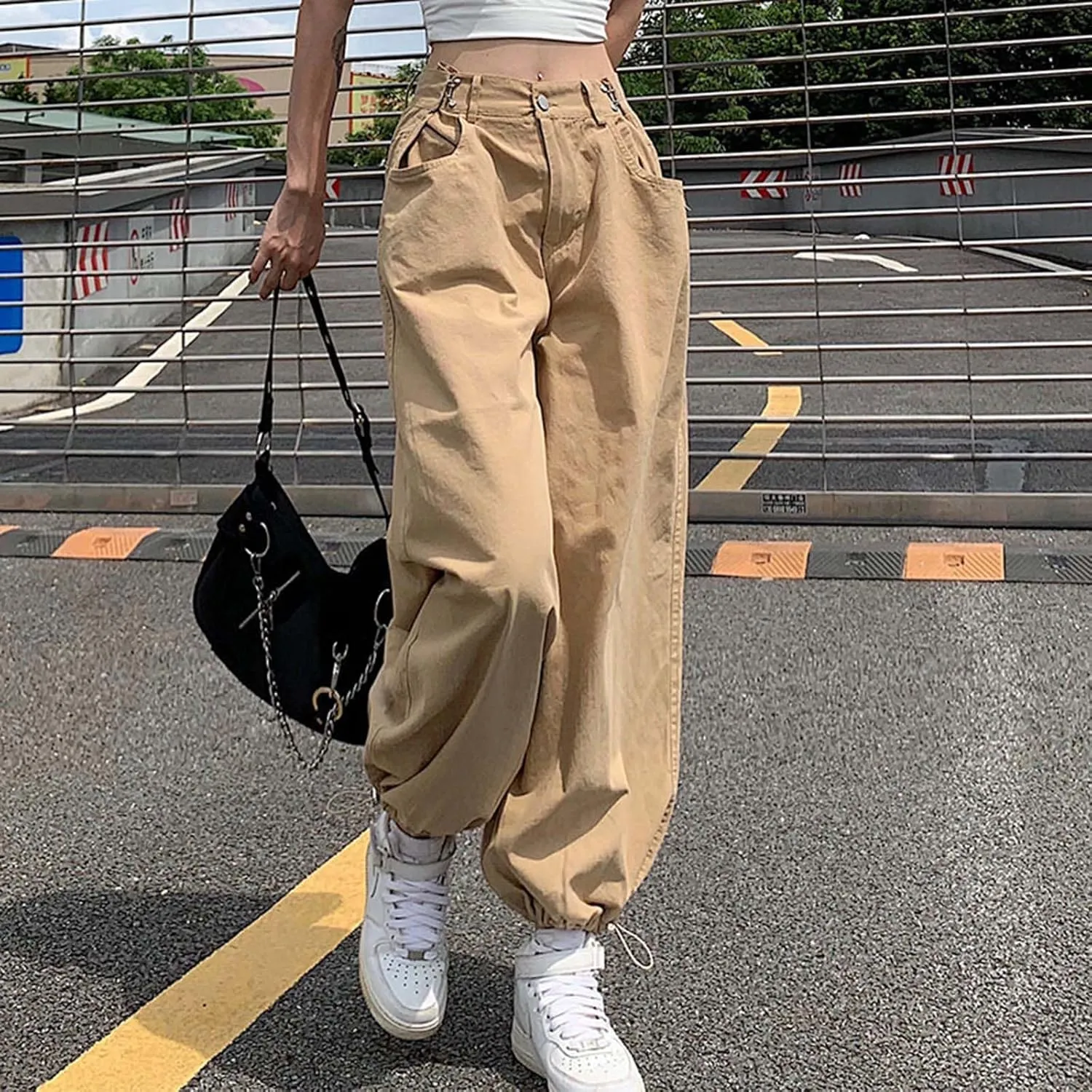 MLAFE Harajuku High-Waisted Women's Drawstring Pants Y2k Straight Work Harem Pants Hip-Hop Loose Outdoor Sports Ladies Pants