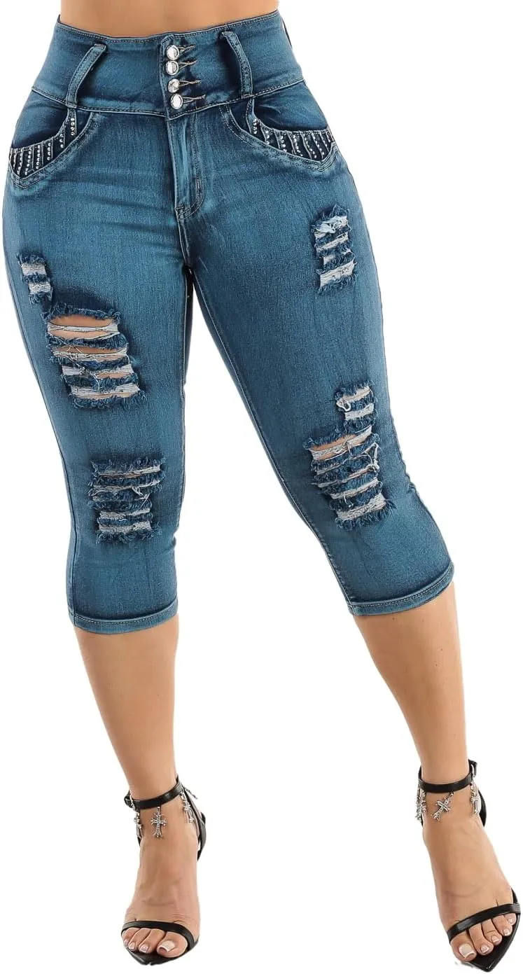 Moda Xpress Butt Lifting Denim Capris for Women - High Waisted Stretch Capris Levanta Cola