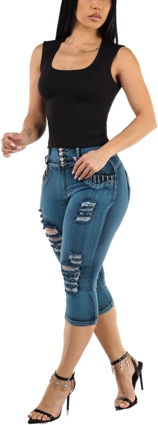 Moda Xpress Butt Lifting Denim Capris for Women - High Waisted Stretch Capris Levanta Cola