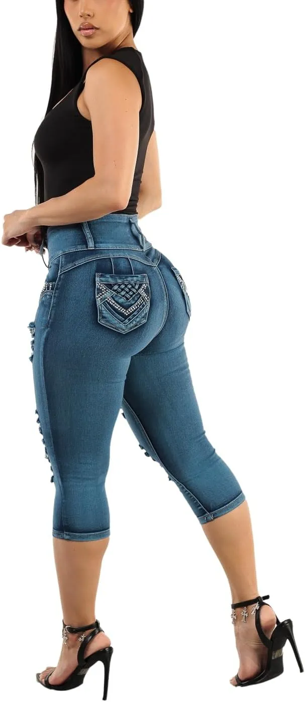 Moda Xpress Butt Lifting Denim Capris for Women - High Waisted Stretch Capris Levanta Cola