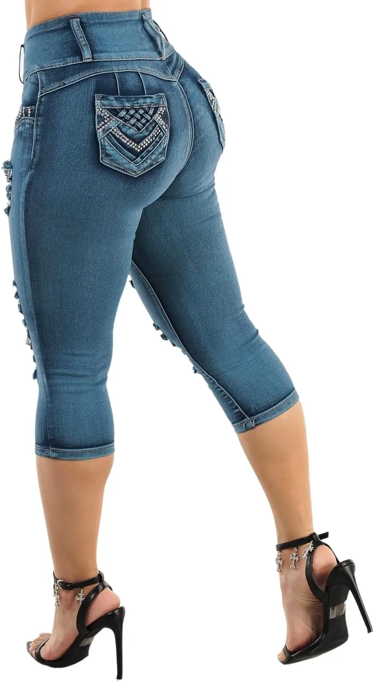 Moda Xpress Butt Lifting Denim Capris for Women - High Waisted Stretch Capris Levanta Cola
