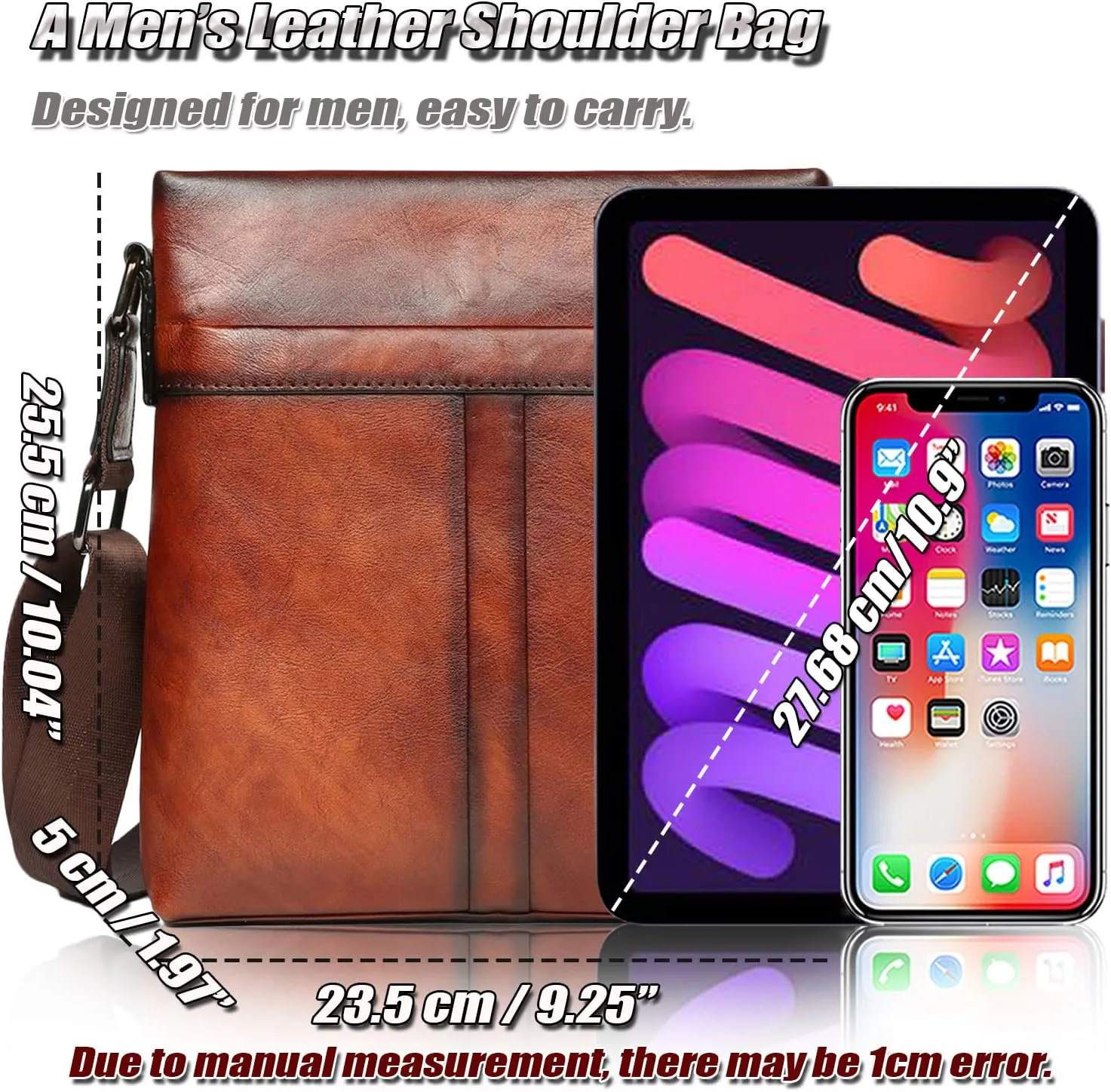 Modern Top Leather Shoulder Bag for Men Crossbody Bag Formal Business Small Fashion Messenger Bag for 10.9" Tablet