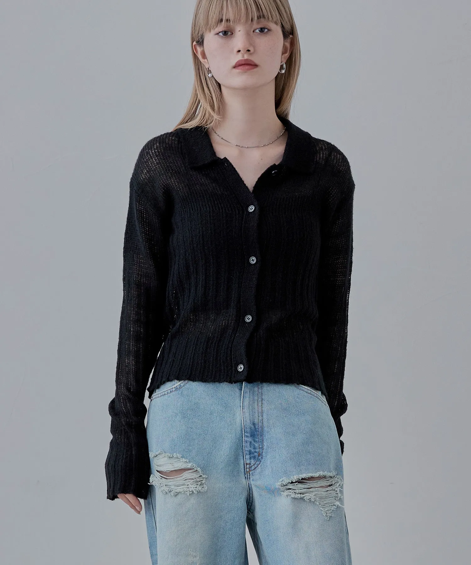 Mohair touch collared knit cardigan