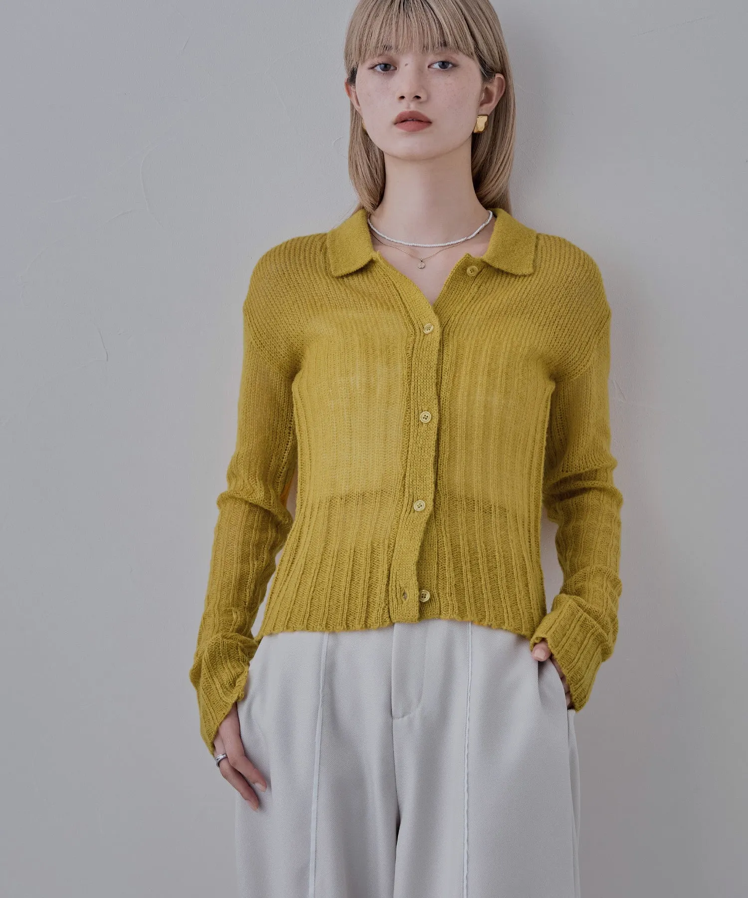 Mohair touch collared knit cardigan