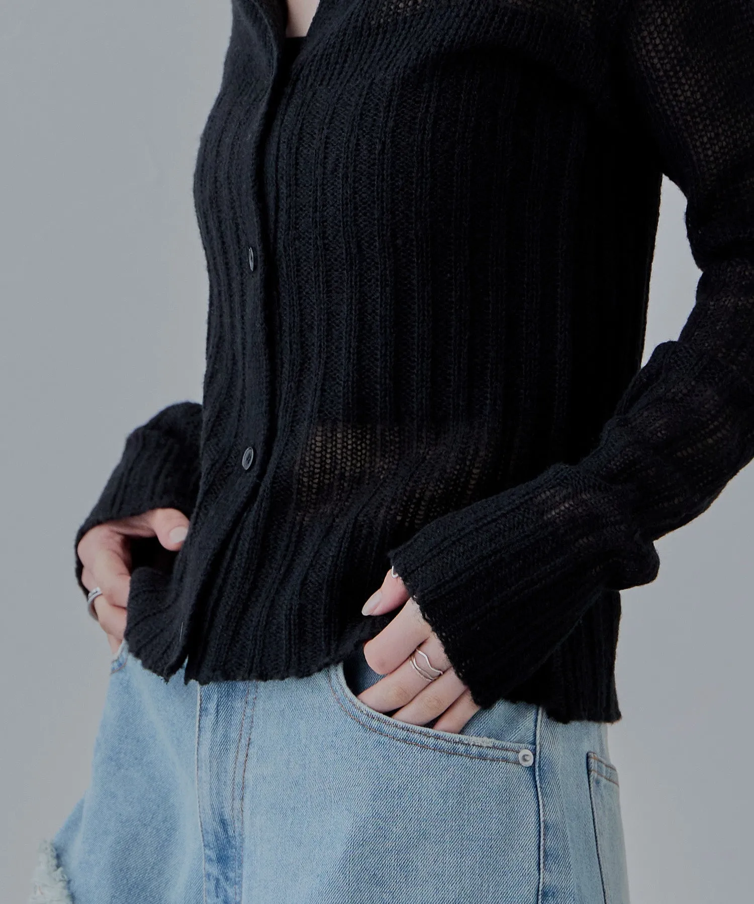 Mohair touch collared knit cardigan